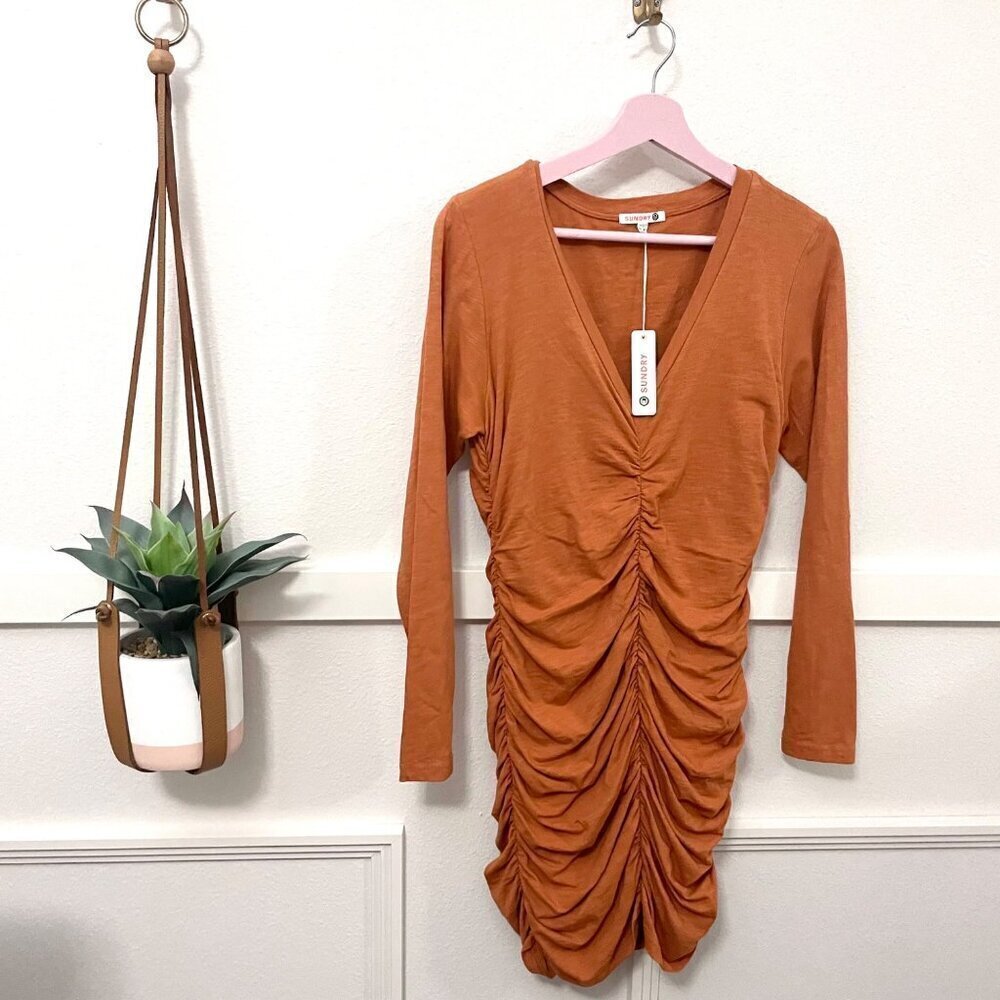 NWT Anthropologie Sundry Ruched Long Zleeve Dress Sienna Orange Size 3